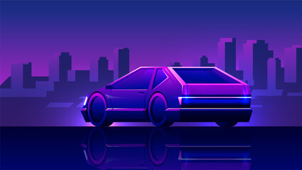 Silhouette of a modern car back view on a beautiful evening city background.