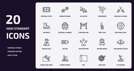 sports outline icons set. sports thin line icons pack such as football pitch, taekwondo, football channel, pencak silat, fisher fishing, foil, bullseye, jet surfing vector.