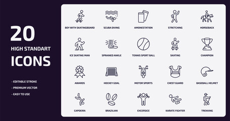 sports outline icons set. sports thin line icons pack such as boy with skatingboard, stretching, sprained ankle, awards, brazilian, excersice, karate fighter, trekking vector.