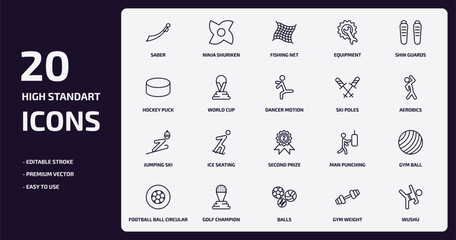 sports outline icons set. sports thin line icons pack such as saber, equipment, world cup, jumping ski, golf champion, balls, gym weight, wushu vector.