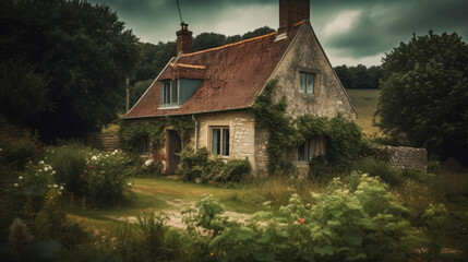 Fototapeta na wymiar Old cottage in the English countryside. Photorealistic illustration generative AI.