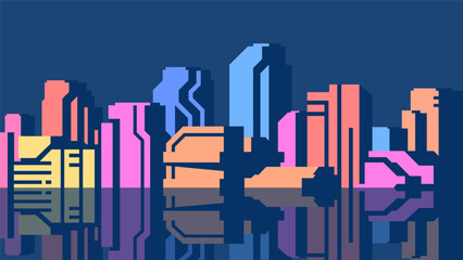 Flat colorful cyberpunk office buildings horizontal banner.