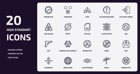 signs outline icons set. signs thin line icons pack such as prohibition, exclamation mark, empty, gun, world grid, class reward, beach, radioactive vector.