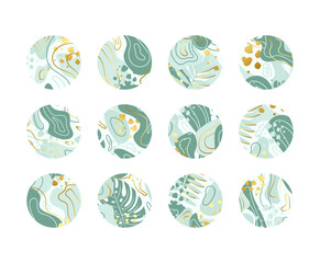 Round highlights icons for social media. Abstract covers with different shapes, lines and dots. Vector trendy illustrations set in green and gold colors.