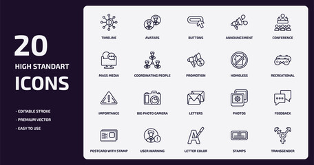 social media marketing outline icons set. social media marketing thin line icons pack such as timeline, announcement, coordinating people, importance, user warning, letter color, stamps, transgender