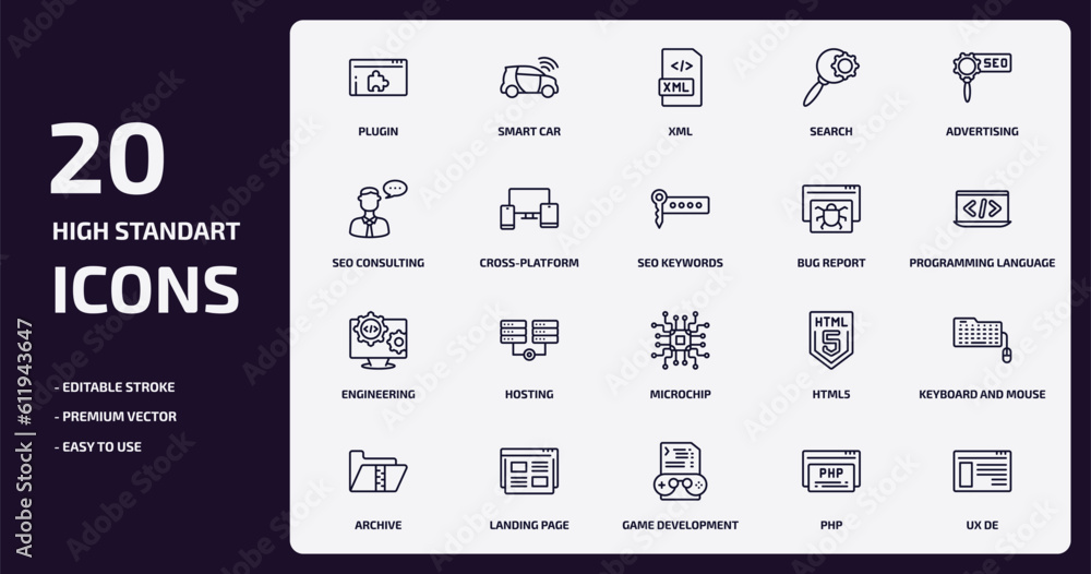 Poster programming outline icons set. programming thin line icons pack such as plugin, search, cross-platfo