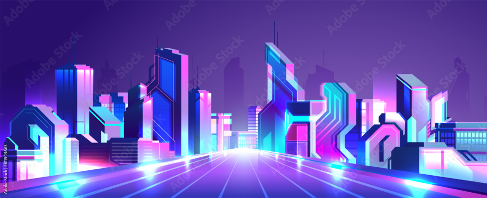 Wall mural vector neon colorful gradient illustration of highway on the night cyberpunk city background.