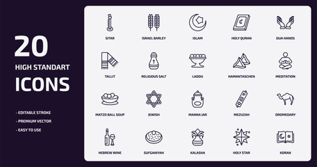 religion outline icons set. religion thin line icons pack such as sitar, holy quran, religious salt, matzo ball soup, sufganiyah, kalasha, holy star, koran vector.