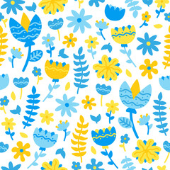 Beautiful stylized blue and yellow flat flowers and leaves seamless pattern on white background.