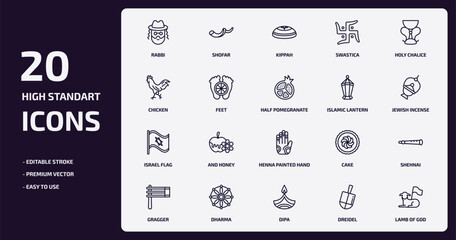 religion outline icons set. religion thin line icons pack such as rabbi, swastica, feet, israel flag, dharma, dipa, dreidel, lamb of god vector.