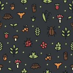 Seamless pattern of forest elements on a dark background.