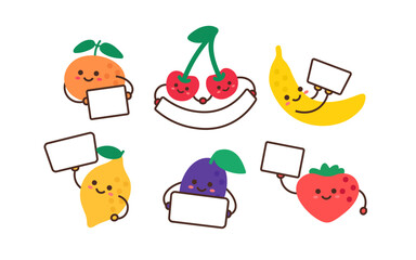 Happy cute kawaii fruits holds blank signs set in flat style isolated on white background.