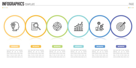 Circular infographic template or element with 6 step, process, option, colorful horizontal circle, round thin line, icons, label, minimal, modern style for sale slide, flowchart, workflow, brochure