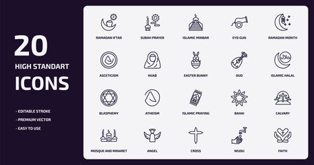 religion outline icons set. religion thin line icons pack such as ramadan iftar, eyd gun, hijab, blasphemy, angel, cross, wudu, faith vector.