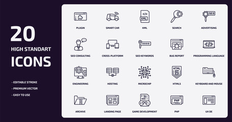 programming outline icons set. programming thin line icons pack such as plugin, search, cross-platform, engineering, landing page, game development, php, ux de vector.