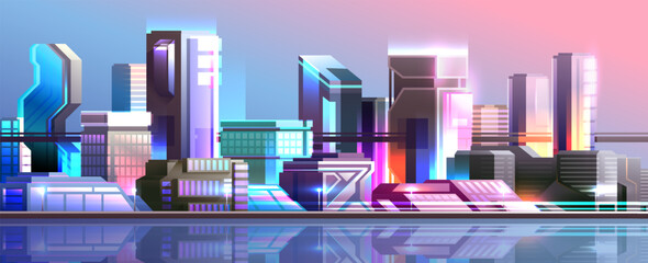 Horizontal widescreen illustration of futuristic city. Colorful cyberpunk metropolis.