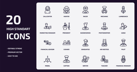 professions outline icons set. professions thin line icons pack such as callcenter, mechanic, president, financial advisor, captain, writer, teacher, financial manager vector.