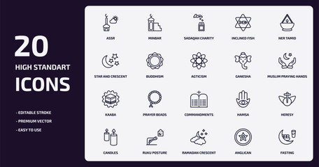 religion outline icons set. religion thin line icons pack such as assr, inclined fish, buddhism, kaaba, ruku posture, ramadan crescent moon, anglican, fasting vector.