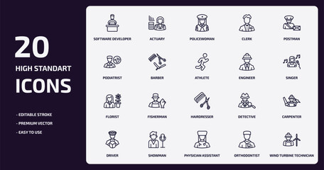 professions outline icons set. professions thin line icons pack such as software developer, clerk, barber, florist, showman, physician assistant, orthodontist, wind turbine technician vector.