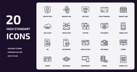 programming outline icons set. programming thin line icons pack such as encryption, code terminal, simulation, jsx, seo badge, responsive, mysql, binary file vector.