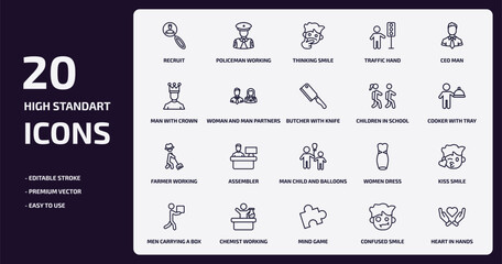 people outline icons set. people thin line icons pack such as recruit, traffic hand, woman and man partners, farmer working, chemist working, mind game, confused smile, heart in hands vector.