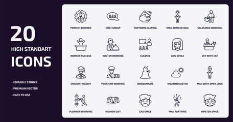 people outline icons set. people thin line icons pack such as perfect worker, man with an idea, waiter working, graduating boy, women suit, sad smile, man partying, hipster smile vector.