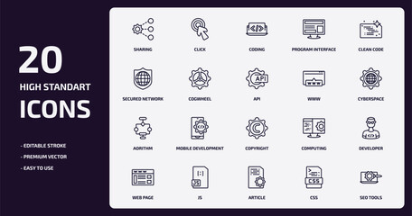 programming outline icons set. programming thin line icons pack such as sharing, program interface, cogwheel, aorithm, js, article, css, seo tools vector.