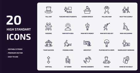people outline icons set. people thin line icons pack such as tall hat, pulling hair, man with idea, team success, sit down, waving goodbye, patien, hand of an adult vector.