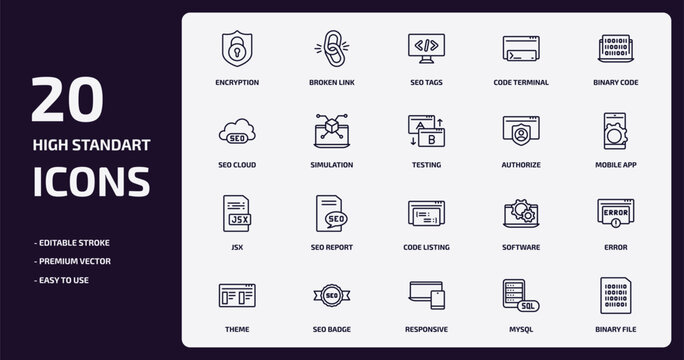 programming outline icons set. programming thin line icons pack such as encryption, code terminal, simulation, jsx, seo badge, responsive, mysql, binary file vector.
