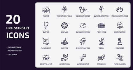 nature outline icons set. nature thin line icons pack such as melting, quaking aspen tree, sun flare, flower seeds, conservation, watering plant, park bench, pair of flowers vector.