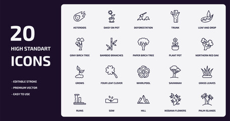 nature outline icons set. nature thin line icons pack such as asteroids, trunk, bamboo branches, grows, sow, hill, ikebana flowers, palm islands vector.
