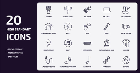 music and media outline icons set. music and media thin line icons pack such as timpani, half rest, clef, breath mark, hemidemisemiquaver, half note, mandolin, cymbal vector.