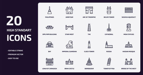monuments outline icons set. monuments thin line icons pack such as philippines, belem tower, stari most, bay, bran castle, borobudur, tower of pisa, bridge of the west vector.