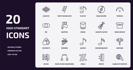 music and media outline icons set. music and media thin line icons pack such as acoustic, music record, bagpipes, castanets, player headphones, simile, repeat, globe with pointer vector.