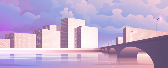 Horizontal city illustration. Metropolis in early morning.
