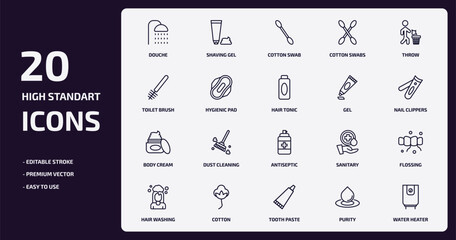 hygiene outline icons set. hygiene thin line icons pack such as douche, cotton swabs, hygienic pad, body cream, cotton, tooth paste, purity, water heater vector.