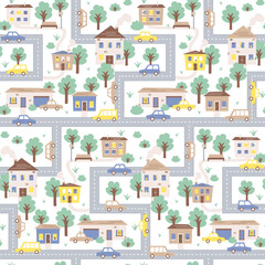 Large cartoon simple map of city and the streets along which cars drive. Cartographic scandinavian seamless pattern on white background.