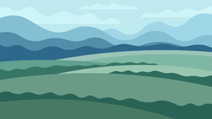 Wide green summer fields on abstract mountains background. Rural agricultural horizontal illustration. - obrazy, fototapety, plakaty