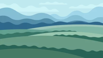 Fotobehang Wide green summer fields on abstract mountains background. Rural agricultural horizontal illustration. © Dmytro