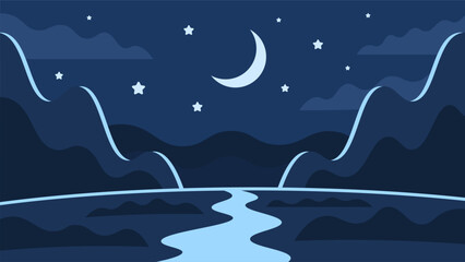 Obraz premium Beautiful night illustration of place between high mountains on shining moon background. Mysterious horizontal dark landscape.