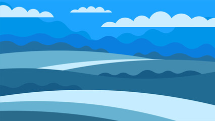 Blue flat rural meadows on sky and clouds background. Horizontal illustration of agriculture in simple style.