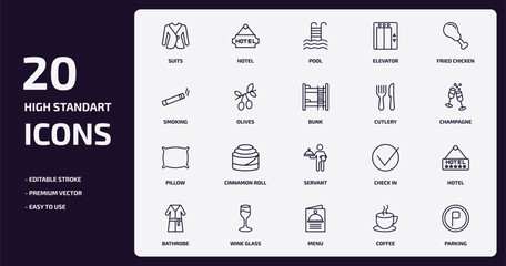 hotel and restaurant outline icons set. hotel and restaurant thin line icons pack such as suits, elevator, olives, pillow, wine glass, menu, coffee, parking vector.