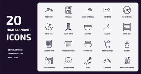 hotel and restaurant outline icons set. hotel and restaurant thin line icons pack such as room key, key card, beach hotel, vending hine, cheese burger, valet, sandwich, fire extinguisher vector.