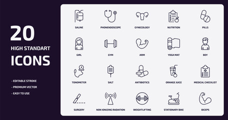 health and medical outline icons set. health and medical thin line icons pack such as saline, nutrition, gym, tonometer, non ionizing radiation, weightlifting, stationary bike, biceps vector.