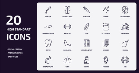 health and medical outline icons set. health and medical thin line icons pack such as pipette, sperm, exercise, teeth, lung, injury, microbe, abs vector.