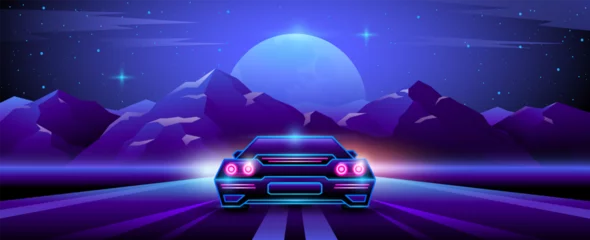 Photo sur Plexiglas Bleu foncé Futuristic neon supercar rides on a night mountain landscape background