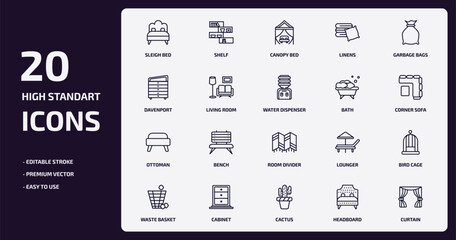 furniture & household outline icons set. furniture & household thin line icons pack such as sleigh bed, linens, living room, ottoman, cabinet, cactus, headboard, curtain vector.