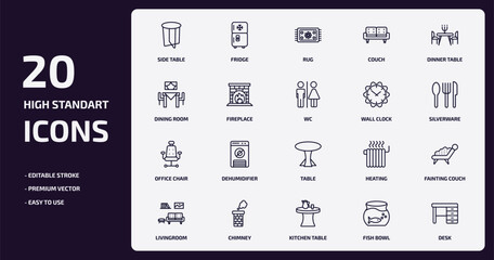 furniture & household outline icons set. furniture & household thin line icons pack such as side table, couch, fireplace, office chair, chimney, kitchen table, fish bowl, desk vector.