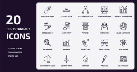 general outline icons set. general thin line icons pack such as stationery knife, computer vision, agent script, hr services, creative pencil rocket, e-privacy, fretsaw, hr software vector.