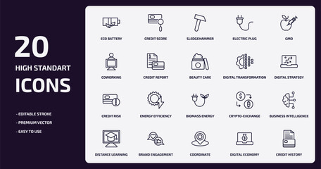 general outline icons set. general thin line icons pack such as eco battery, electric plug, credit report, credit risk, brand engagement, coordinate, digital economy, credit history vector.